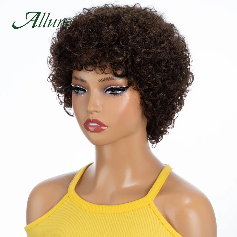 Short Pixie Afro Kinky Curly Wigs for Black Women Glueless Natural Brown Bob Wig With Bangs Jerry Curly Human Hair Wigs Allure Short Pixie Afro Kinky Curly Wigs for Black Women Glueless Natural Brown Bob Wig With Bangs Jerry Curly Human Hair Wigs Allure