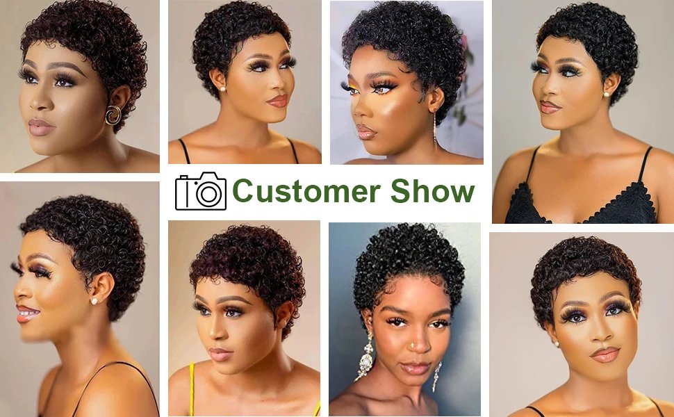 Short Kinky Curly Wigs Human Hair Pixie Cut Brazilian Human Hair For Women Natural Black Curly Human Hair Wigs Full Machine Made