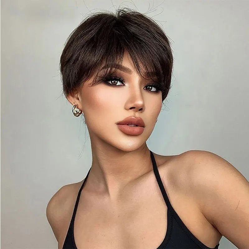 Highlight Short Pixie Wig Human Hair Ombre Honey Blonde Human Hair Wigs for Women #1b27 Highlighted Full Machine duby Daily Wig