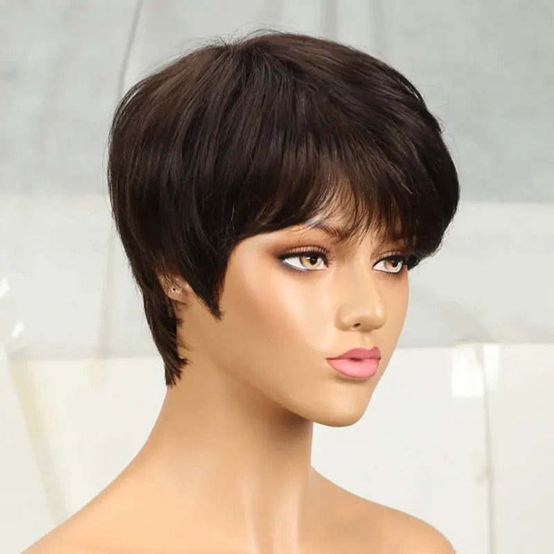 Highlight Short Pixie Wig Human Hair Ombre Honey Blonde Human Hair Wigs for Women #1b27 Highlighted Full Machine duby Daily Wig