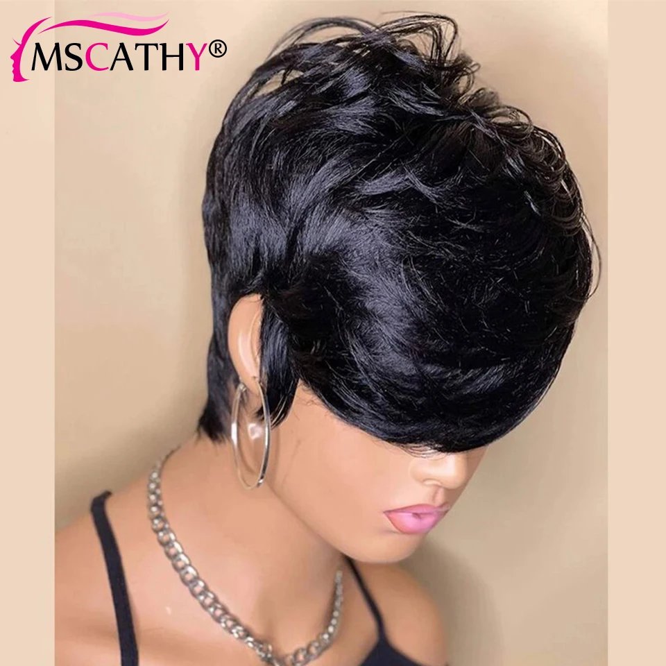 Short Pixie Cut Remy Human Hair Wigs Ready To Wear Straight Natural Color Full Machine Made Bob Wig With Bangs