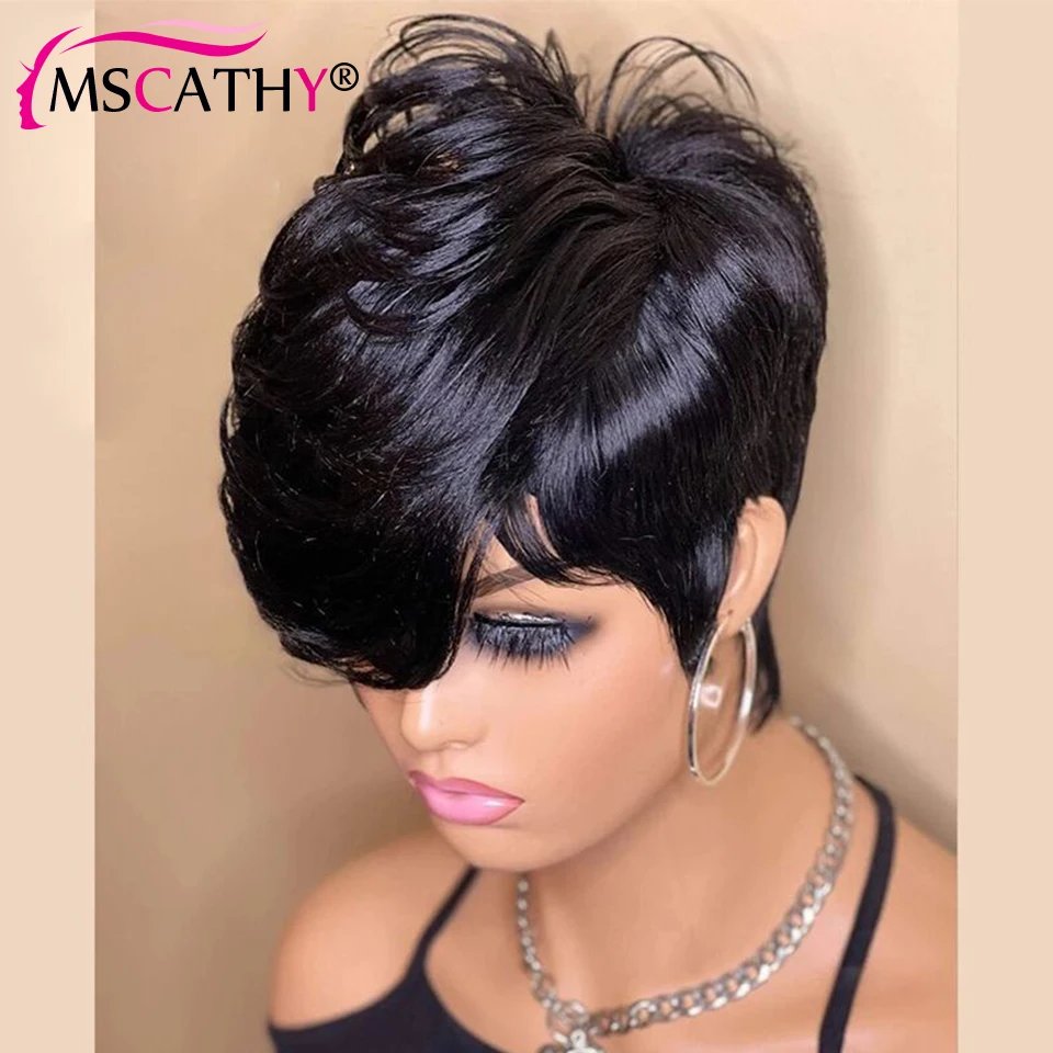 Short Pixie Cut Remy Human Hair Wigs Ready To Wear Straight Natural Color Full Machine Made Bob Wig With Bangs