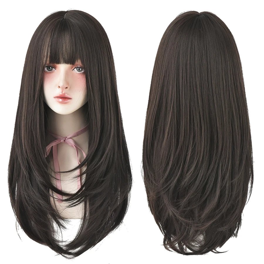 7JHHWIGS Long Straight Synthetic Light Brown Wigs With Bang For Women Heat-Resistant Daily Use Hair Hot Sell Wholesale Wigs 7JHHWIGS Long Straight Synthetic Light Brown Wigs With Bang For Women Heat-Resistant Daily Use Hair Hot Sell Wholesale Wigs