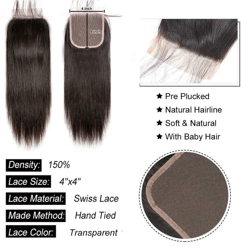 Lace Closure Human Hair 2x6 Kim Lace Closure Straight Hair 4x4 5x5 Transparent Lace Closure 13x4  Ear to Ear Lace Frontal