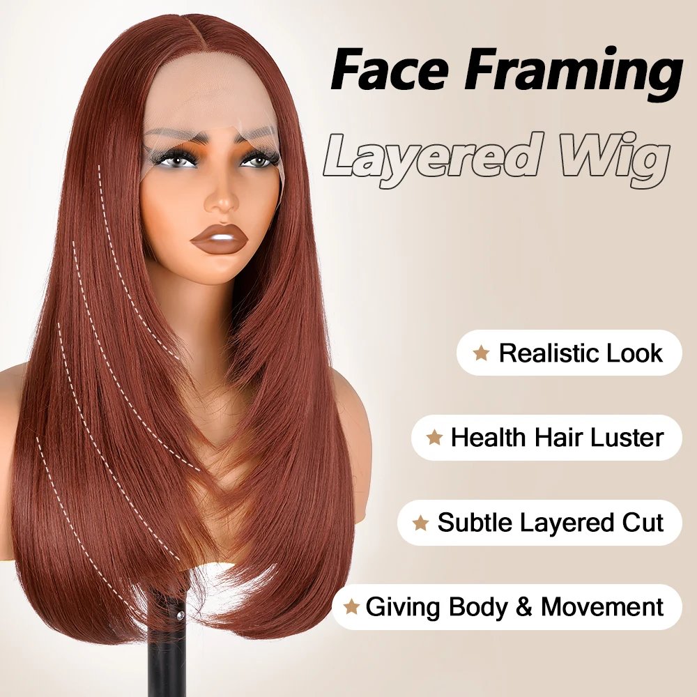 Reddish Brown Straight Lace Front Wigs Layered Cut Wig Glueless Layered Lace Wigs Synthetic Butterfly Haircut Natural Hairline