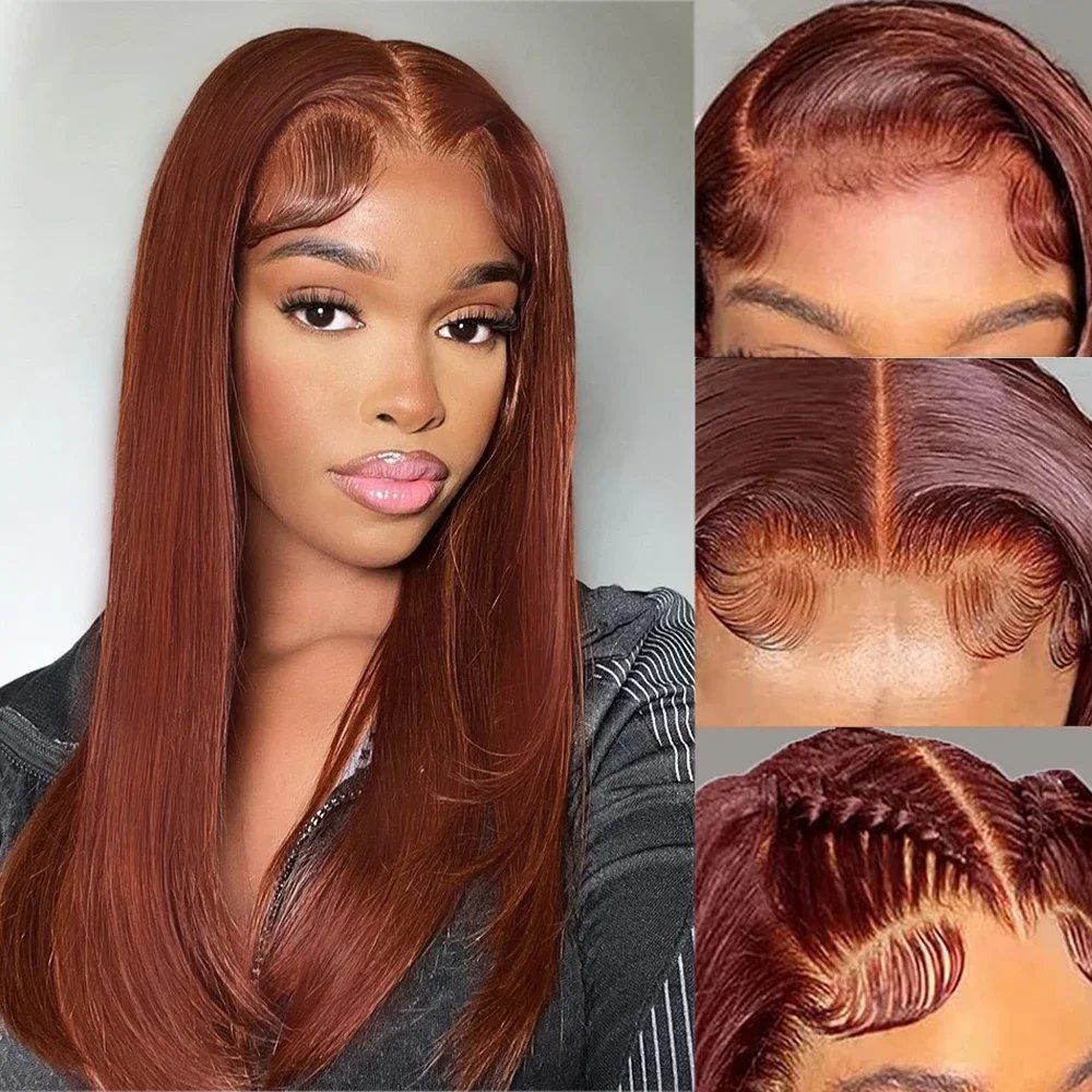 Reddish Brown Straight Lace Front Wigs Layered Cut Wig Glueless Layered Lace Wigs Synthetic Butterfly Haircut Natural Hairline