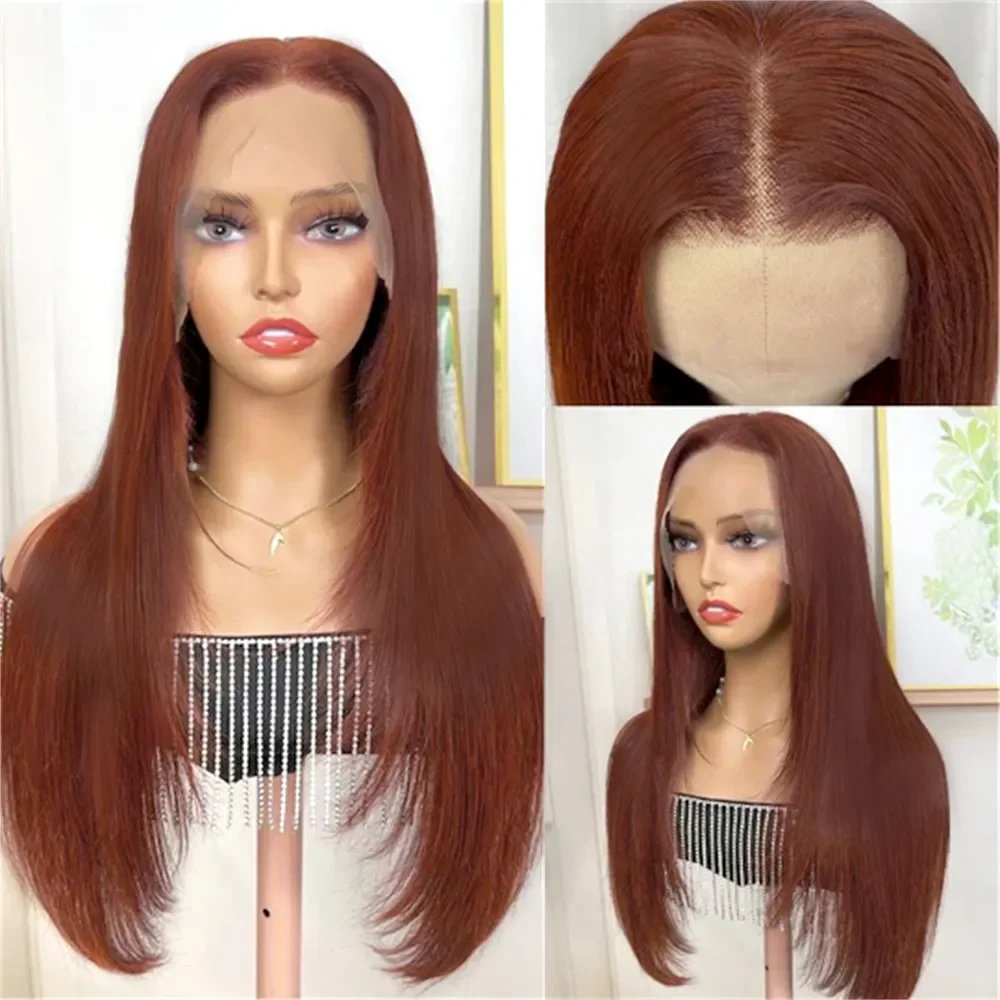 Reddish Brown Straight Lace Front Wigs Layered Cut Wig Glueless Layered Lace Wigs Synthetic Butterfly Haircut Natural Hairline