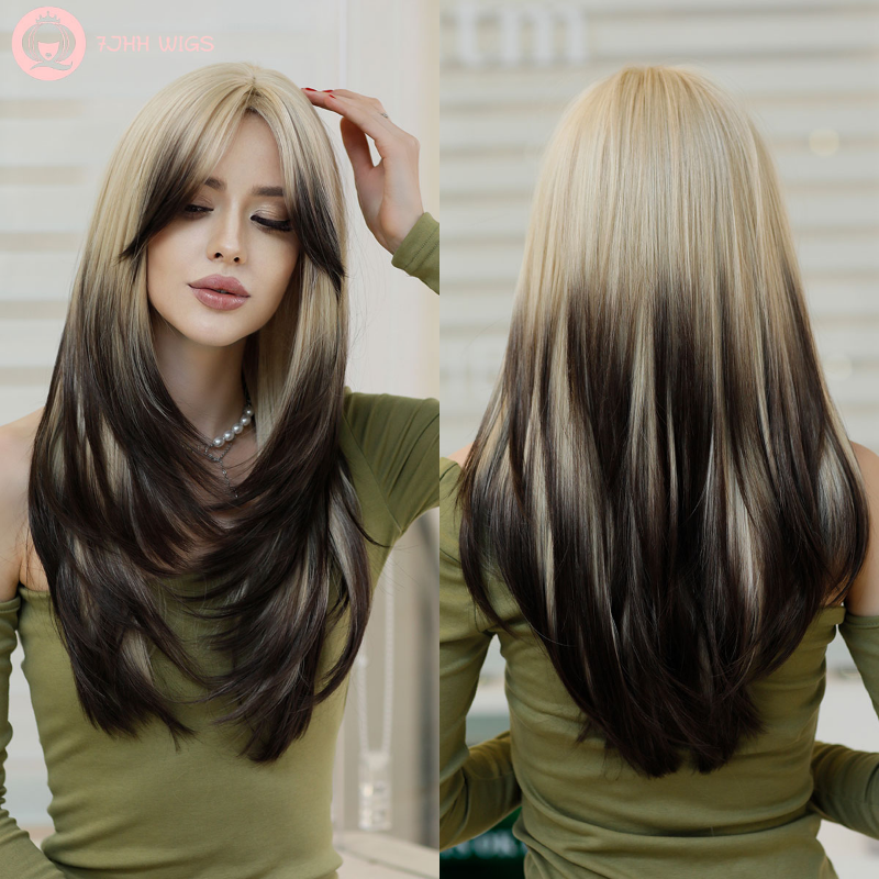 Long Straight Wigs with Curtain Bangs Green Highlight Layered Ombre Wig for Women Synthetic High Density Black Hair End Dye Wig
