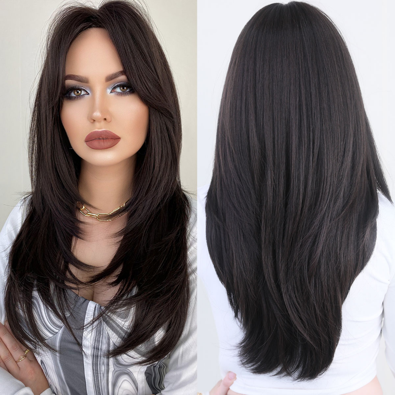 Long Straight Wigs with Curtain Bangs Green Highlight Layered Ombre Wig for Women Synthetic High Density Black Hair End Dye Wig