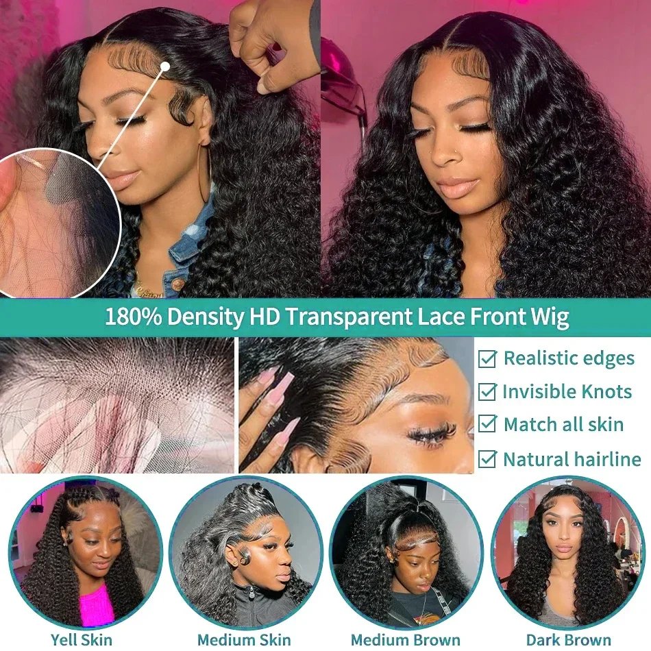 250 Density Brazilian 30 40 Inch Deep Wave 13x4 13x6 HD Lace Front Human Hair Wig 5x5 Glueless Closure Preplucked Curly Wigs