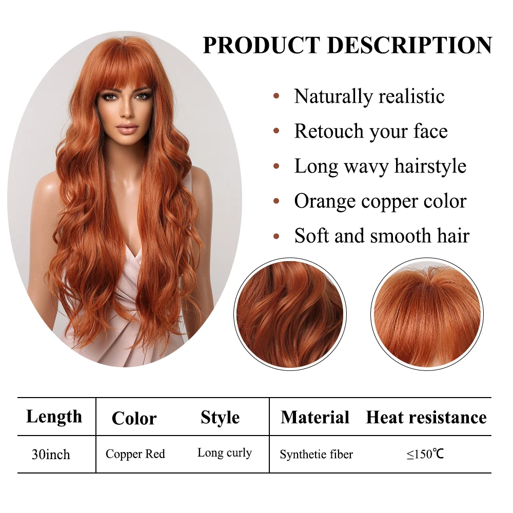 Orange Copper Ginger Long Wavy Synthetic Wigs Red Yellow Wig with Bangs for Women Natural Cosplay Body Wave Heat Resistant Hair Orange Copper Ginger Long Wavy Synthetic Wigs Red Yellow Wig with Bangs for Women Natural Cosplay Body Wave Heat Resistant Hair