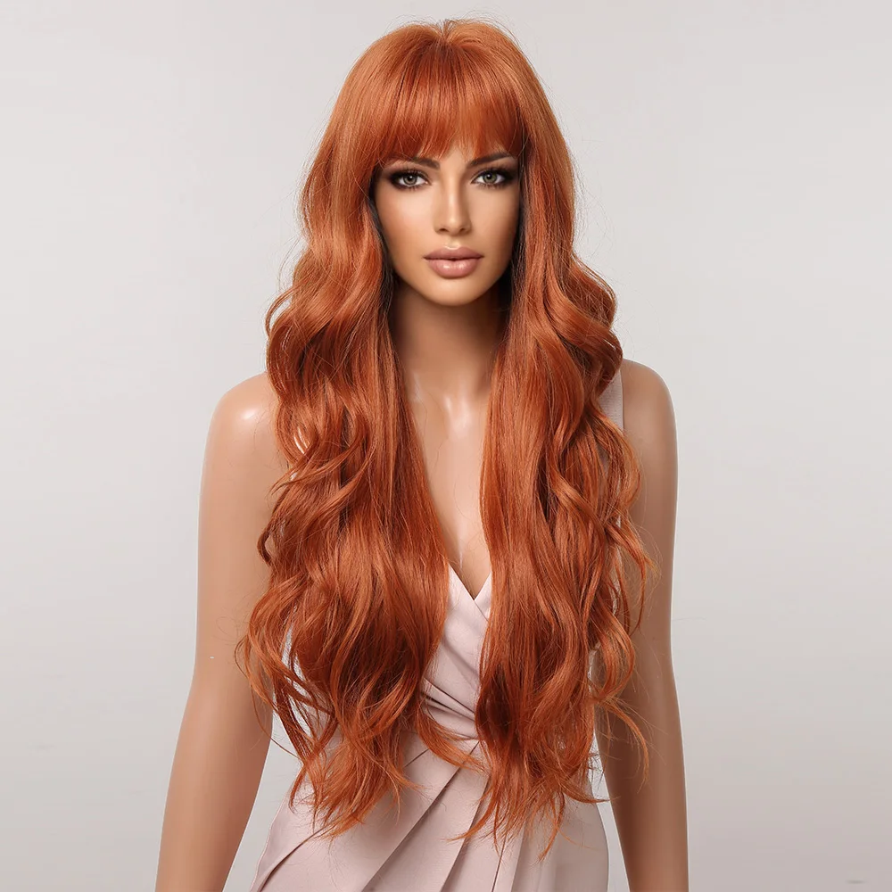 Orange Copper Ginger Long Wavy Synthetic Wigs Red Yellow Wig with Bangs for Women Natural Cosplay Body Wave Heat Resistant Hair Orange Copper Ginger Long Wavy Synthetic Wigs Red Yellow Wig with Bangs for Women Natural Cosplay Body Wave Heat Resistant Hair