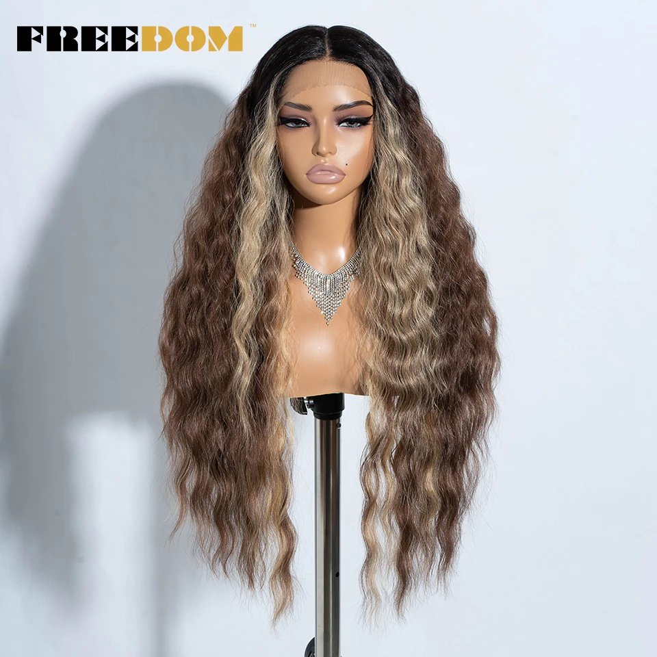 FREEDOM Curly Synthetic Lace Front Wigs For Women 30 inches Soft Wavy Ombre Blonde Ginger Highlight Cosplay Wigs Heat Resistant FREEDOM Curly Synthetic Lace Front Wigs For Women 30 inches Soft Wavy Ombre Blonde Ginger Highlight Cosplay Wigs Heat Resistant
