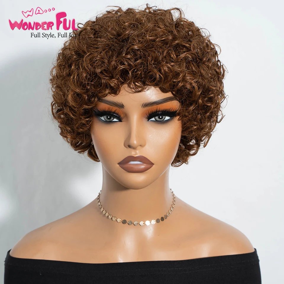 Short Brazilian Jerry Curl Human Hair Wigs With Bang Nature Black Dark 1B# Brown 4# Red 99J 30# For Women Kinky Curly Remy Hair