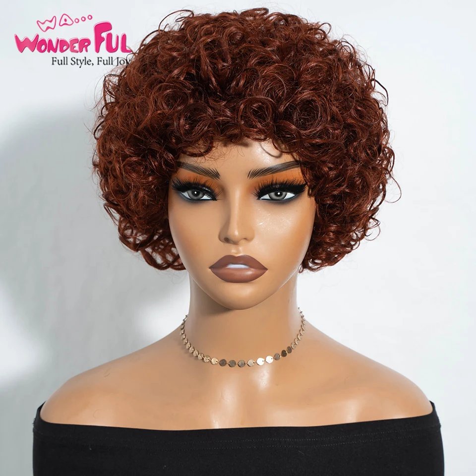 Short Brazilian Jerry Curl Human Hair Wigs With Bang Nature Black Dark 1B# Brown 4# Red 99J 30# For Women Kinky Curly Remy Hair
