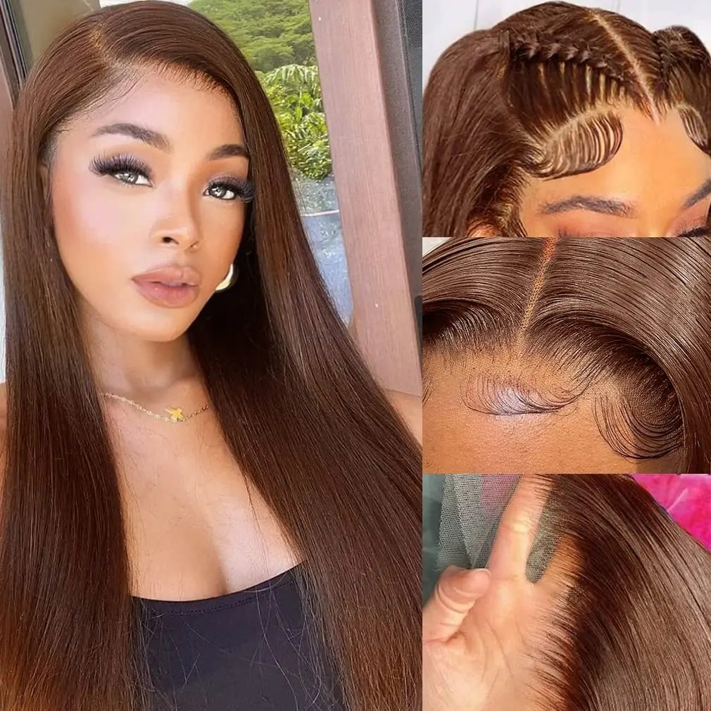 13x4 Chocolate Brown Straight Lace Front Wigs Human Hair 13x6 Transparent HD Lace Frontal Wig Pre Plucked Brown Bleached Wigs