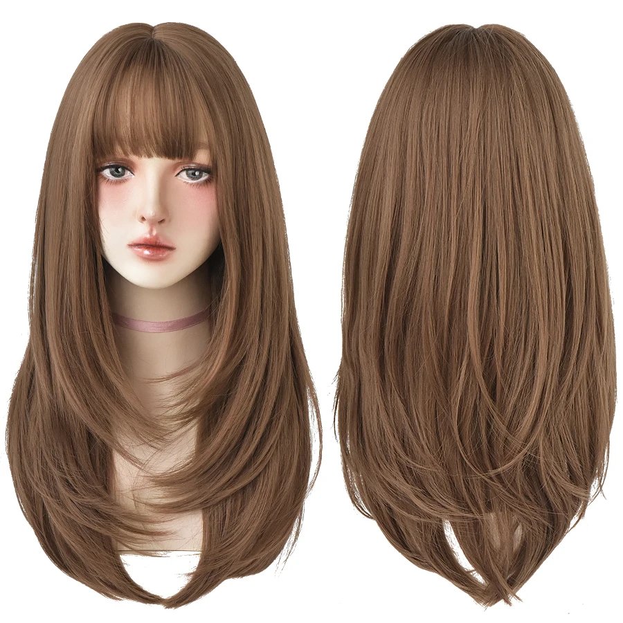 7JHHWIGS Long Straight Synthetic Light Brown Wigs With Bang For Women Heat-Resistant Daily Use Hair Hot Sell Wholesale Wigs