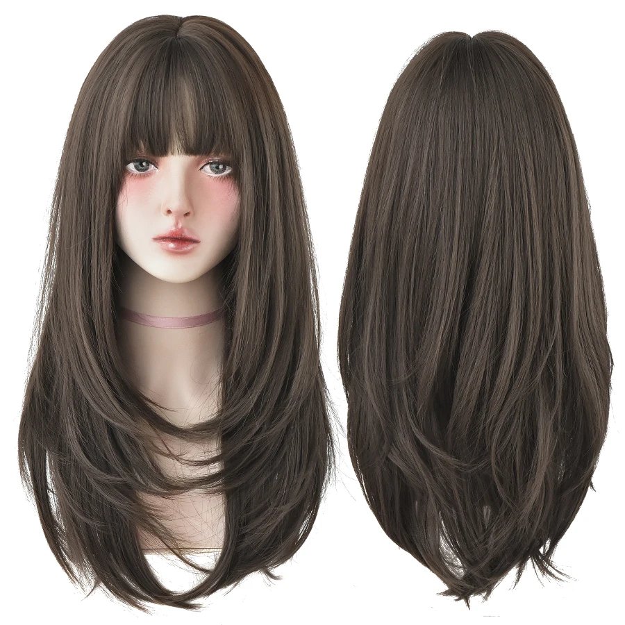 7JHHWIGS Long Straight Synthetic Light Brown Wigs With Bang For Women Heat-Resistant Daily Use Hair Hot Sell Wholesale Wigs