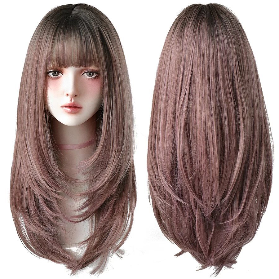 7JHHWIGS Long Straight Synthetic Light Brown Wigs With Bang For Women Heat-Resistant Daily Use Hair Hot Sell Wholesale Wigs