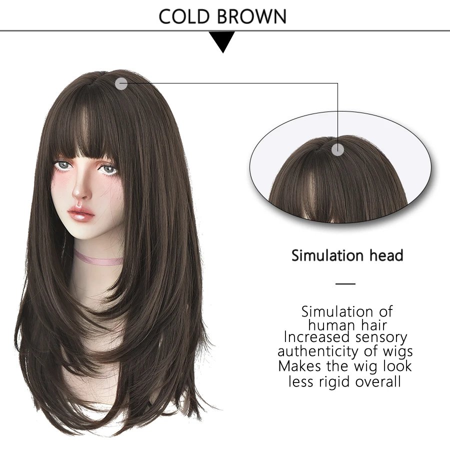 7JHHWIGS Long Straight Synthetic Light Brown Wigs With Bang For Women Heat-Resistant Daily Use Hair Hot Sell Wholesale Wigs