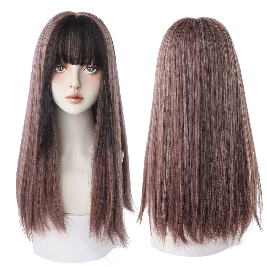 7JHHWIGS Long Straight Synthetic Light Brown Wigs With Bang For Women Heat-Resistant Daily Use Hair Hot Sell Wholesale Wigs