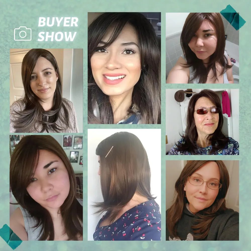 ESIN Synthetic Dark Brown Wig Long Wave Wigs for Women Hair Wig With Bangs Heat Resistant Party Daily Natural Use