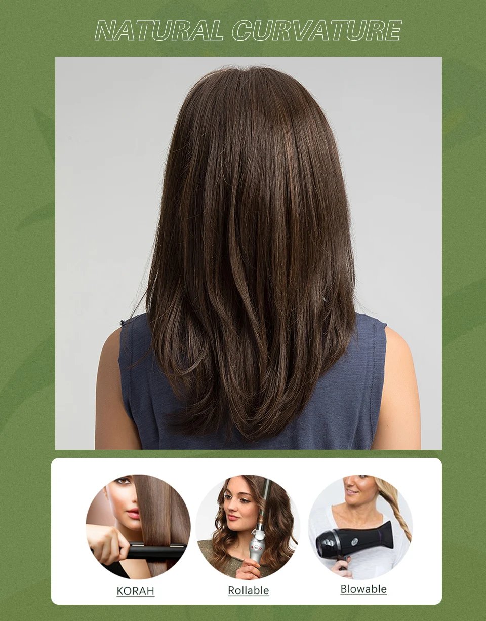 ESIN Synthetic Dark Brown Wig Long Wave Wigs for Women Hair Wig With Bangs Heat Resistant Party Daily Natural Use