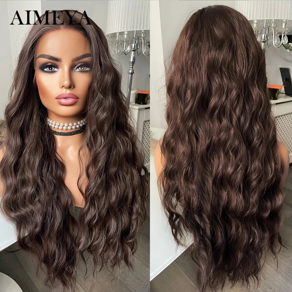 AIMEYA Synthetic Lace Front Wigs for Women Natural Hairline Synthetic Hair Lace Wig Long Brown Wig Pre Plucked Cosplay Wavy Wigs