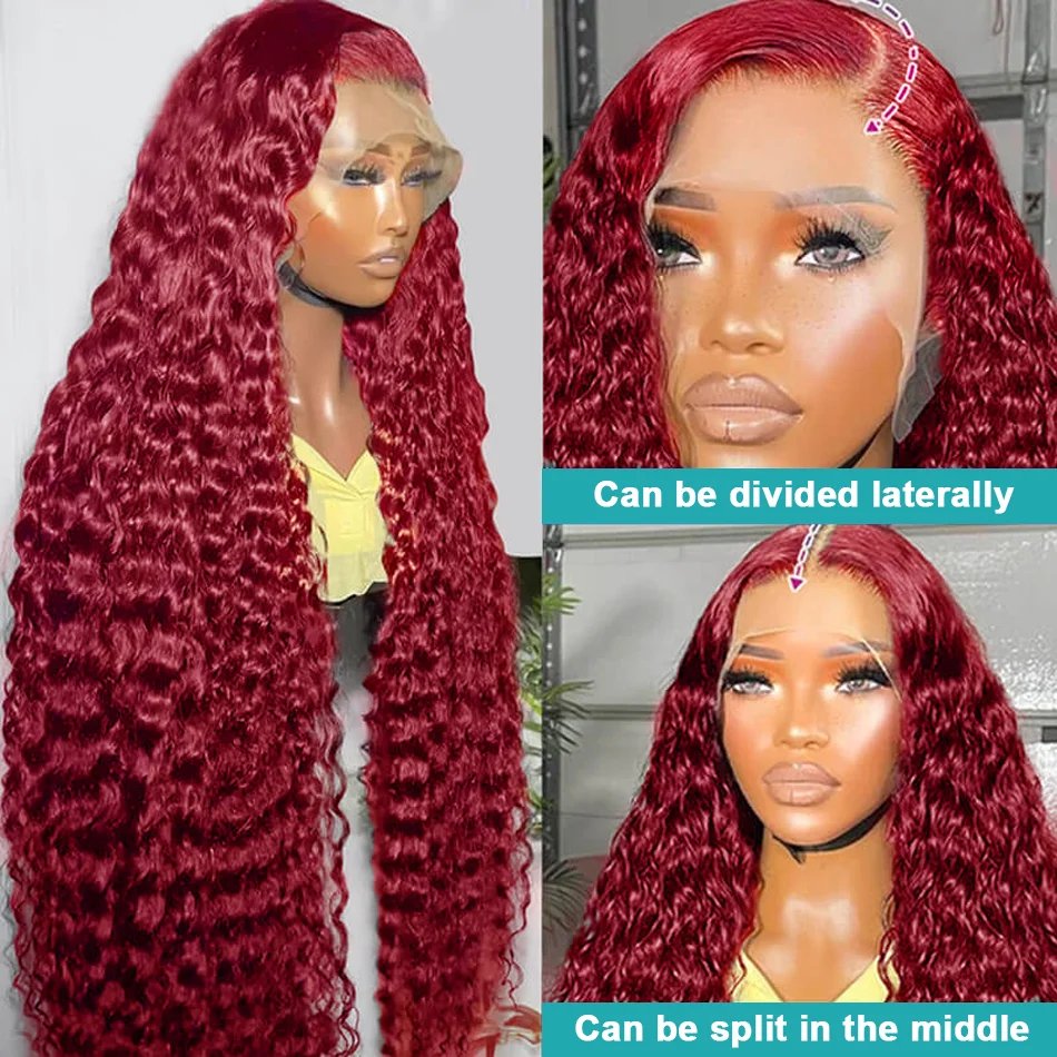 High Density 30 40 Inch 99J Burgundy Deep Wave 13x4 Lace Front Human Hair Wig 13x6 Lace Frontal Red Color Curly Wigs For Women
