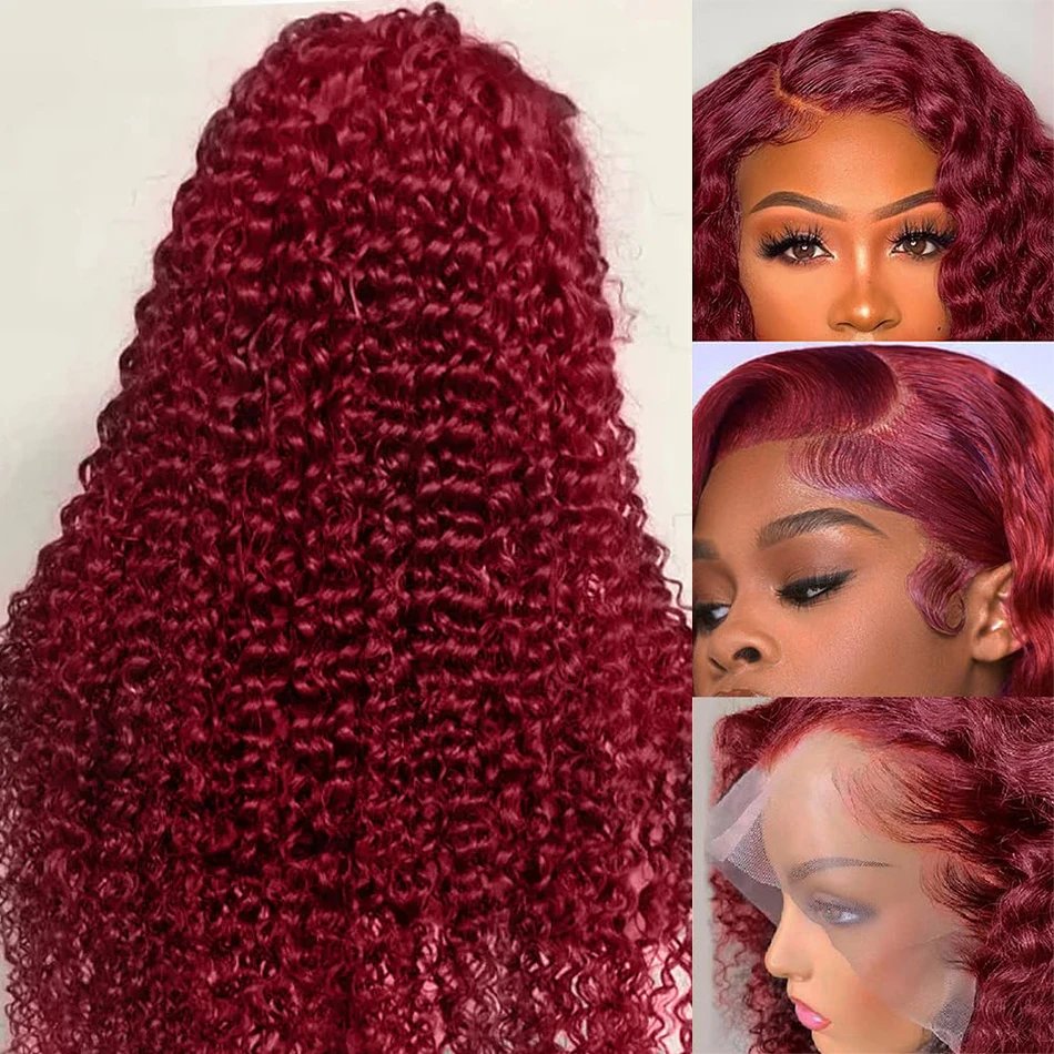 High Density 30 40 Inch 99J Burgundy Deep Wave 13x4 Lace Front Human Hair Wig 13x6 Lace Frontal Red Color Curly Wigs For Women