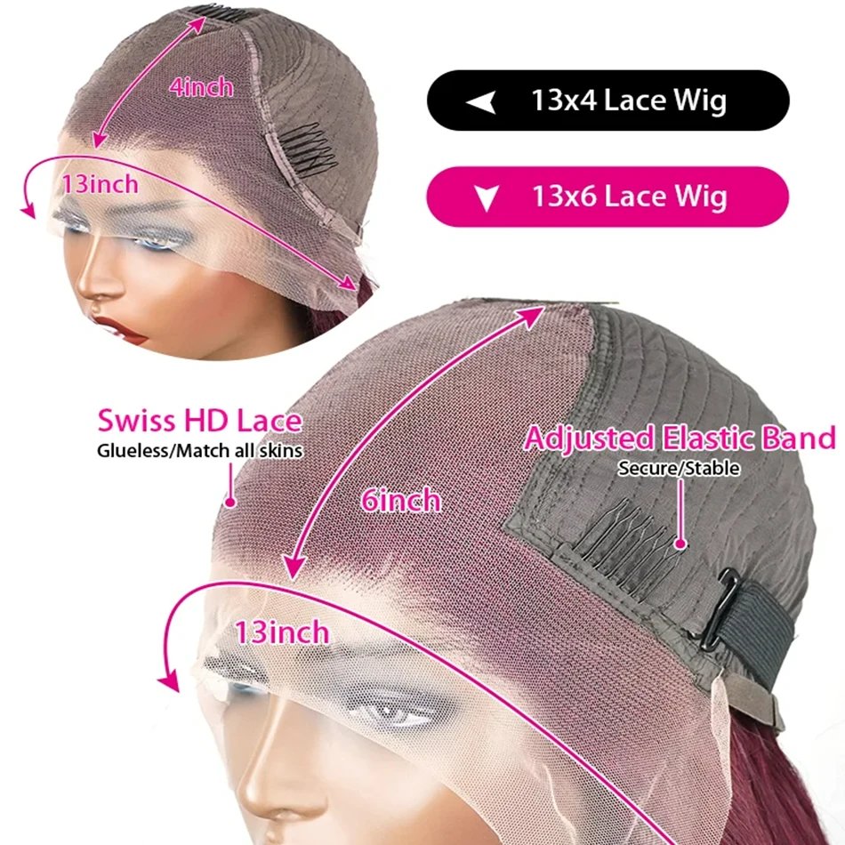 High Density 30 40 Inch 99J Burgundy Deep Wave 13x4 Lace Front Human Hair Wig 13x6 Lace Frontal Red Color Curly Wigs For Women