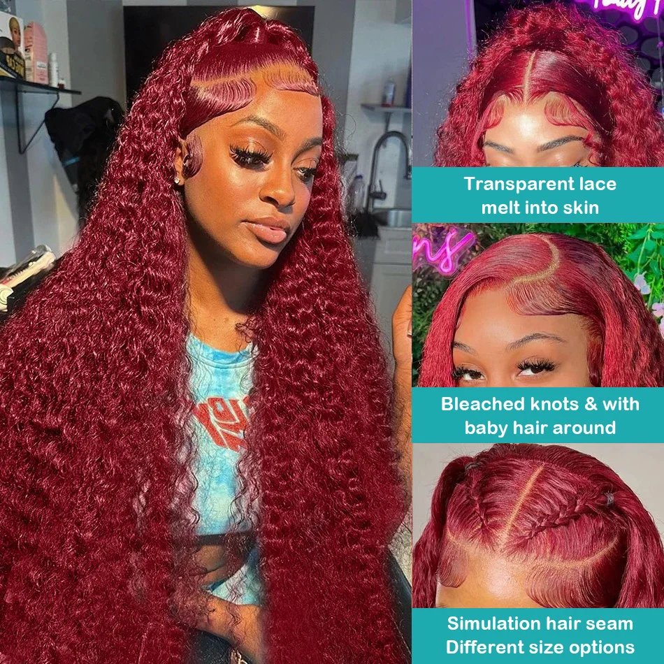 High Density 30 40 Inch 99J Burgundy Deep Wave 13x4 Lace Front Human Hair Wig 13x6 Lace Frontal Red Color Curly Wigs For Women
