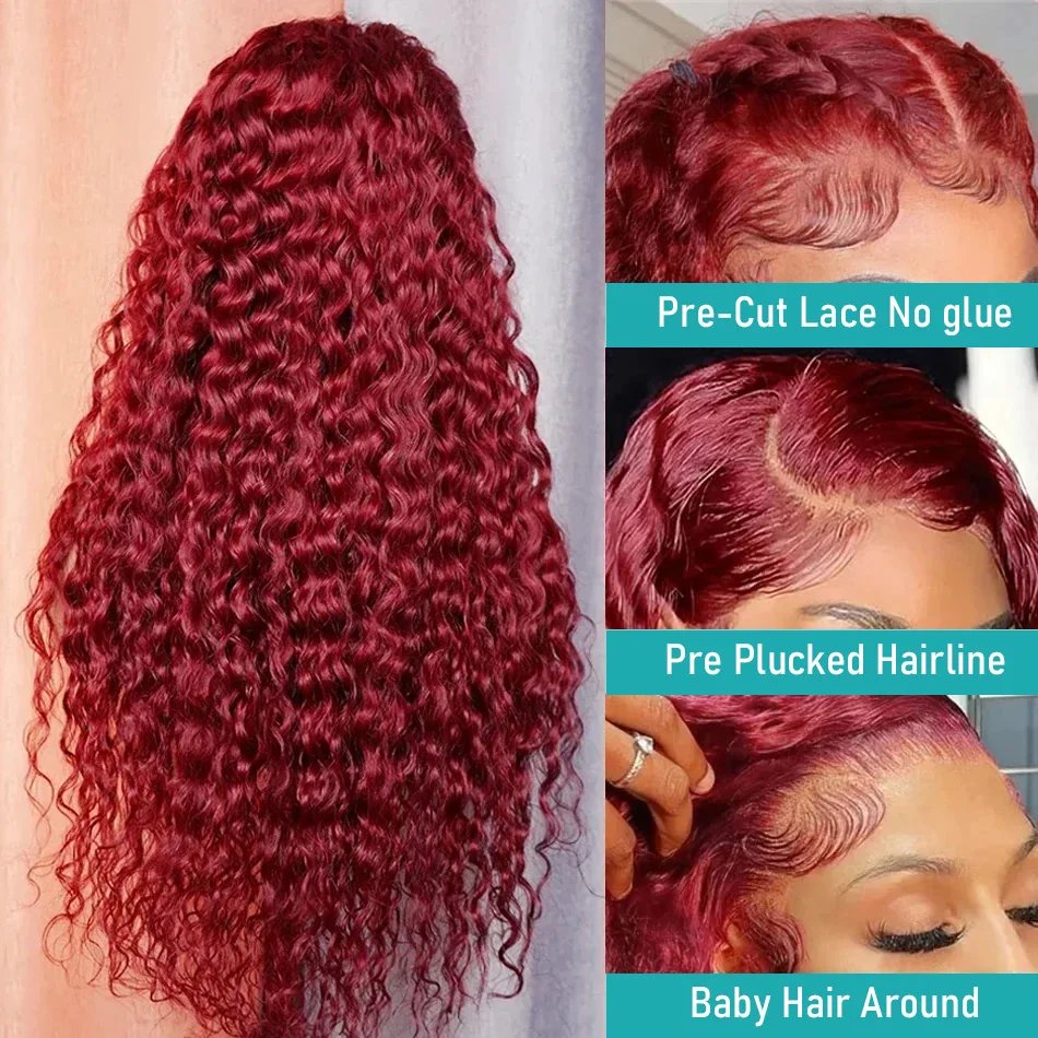 High Density 30 40 Inch 99J Burgundy Deep Wave 13x4 Lace Front Human Hair Wig 13x6 Lace Frontal Red Color Curly Wigs For Women