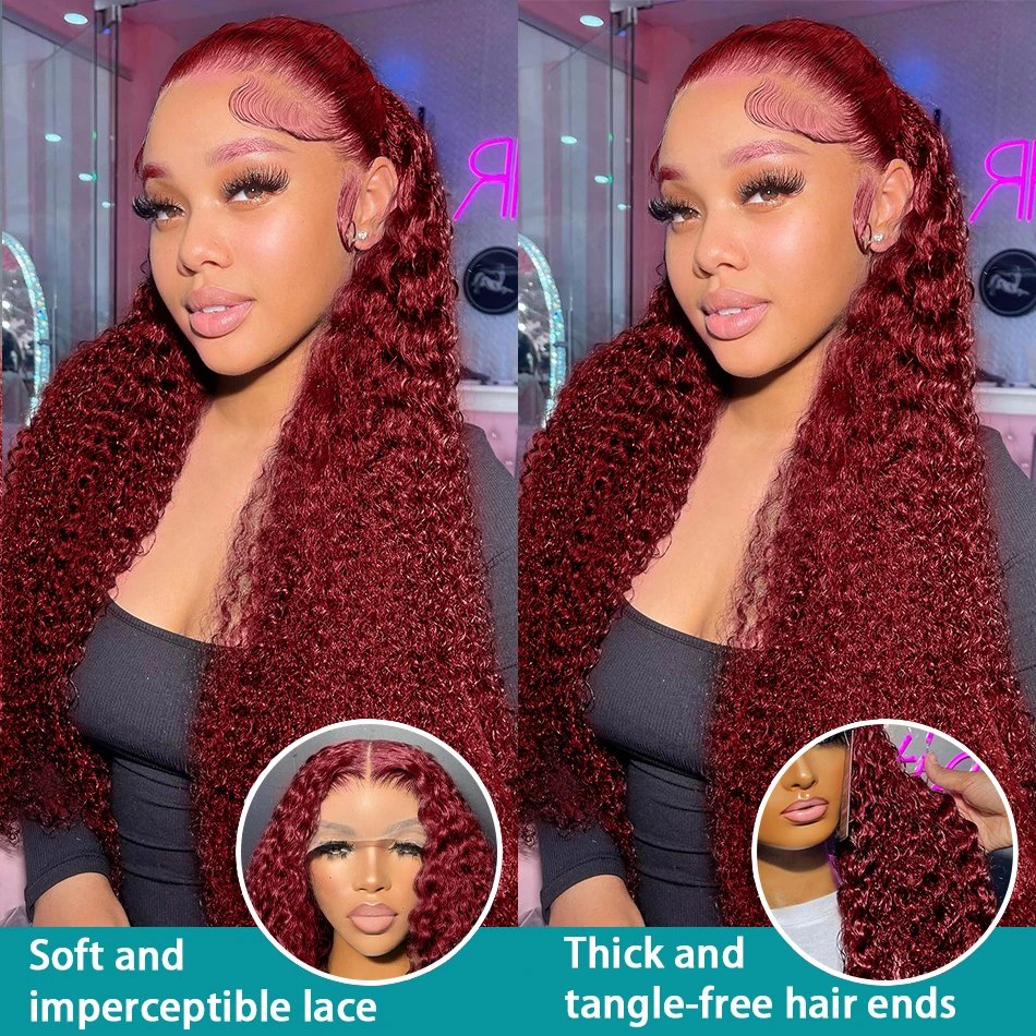 High Density 30 40 Inch 99J Burgundy Deep Wave 13x4 Lace Front Human Hair Wig 13x6 Lace Frontal Red Color Curly Wigs For Women