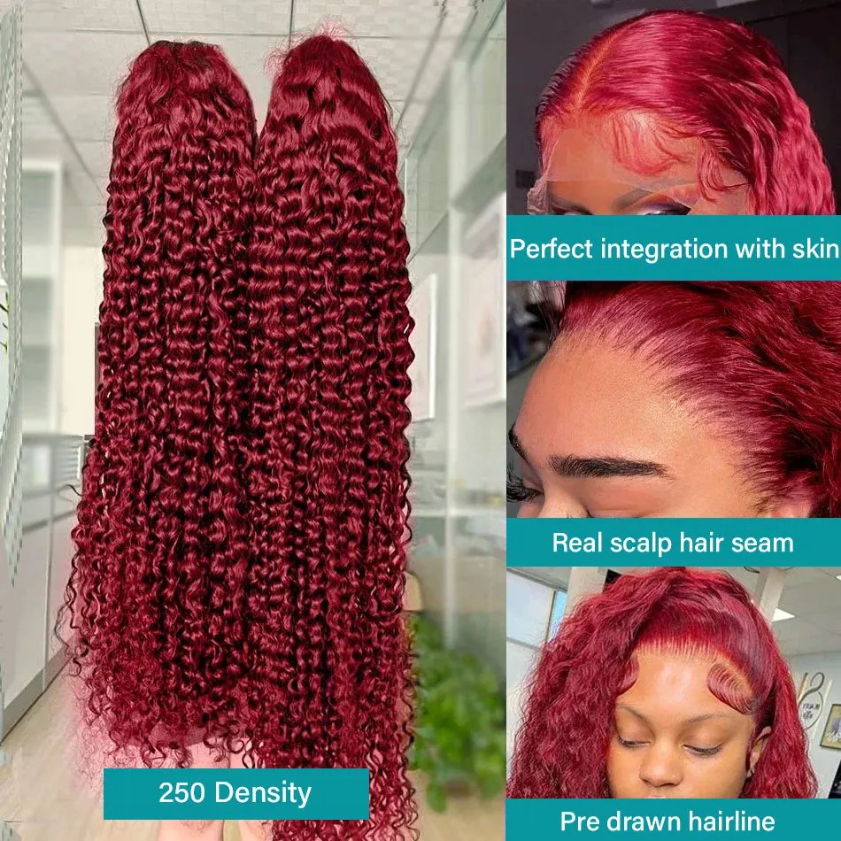 High Density 30 40 Inch 99J Burgundy Deep Wave 13x4 Lace Front Human Hair Wig 13x6 Lace Frontal Red Color Curly Wigs For Women