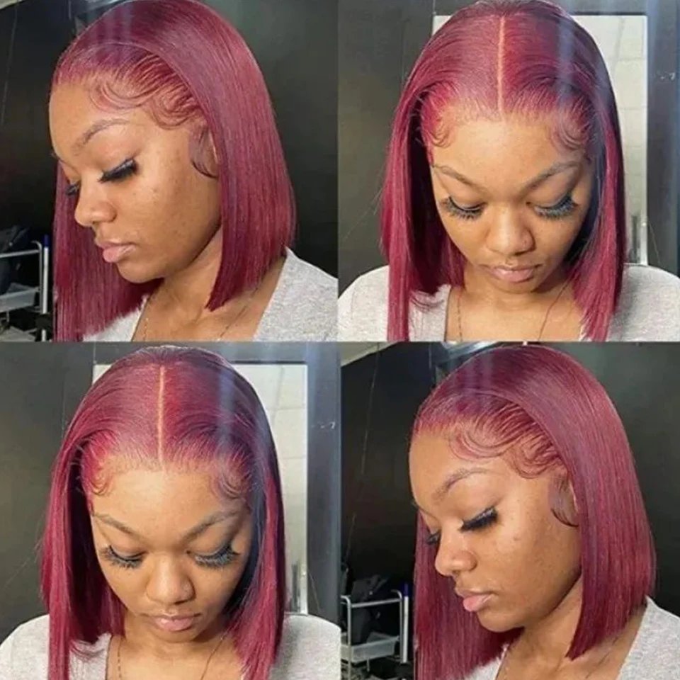Burgundy HD Transparent Short Bob Human Hair Wigs Peruvian 99J Red Straight 13x6x1 Lace Front Wig For Women Pre Plucked