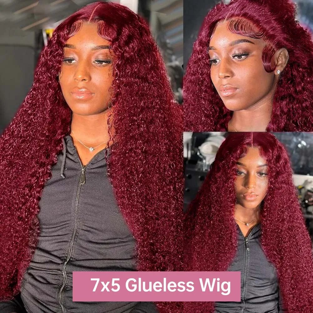 Deep Wave 13x4 Glueless Lace Front Wig 99J Burgundy Curly 7x5 Preplucked Red Color Human Hair Wigs Ready To Wear Pre Cut No Glue