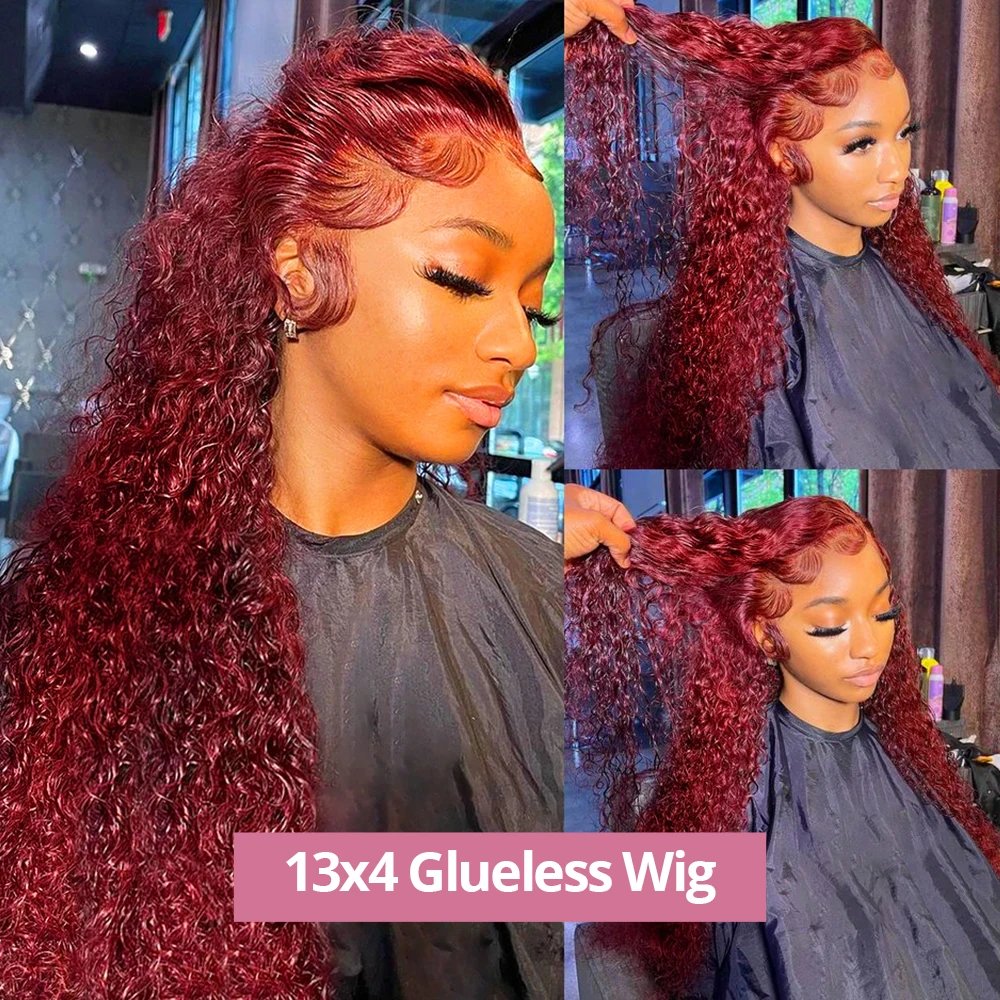 Deep Wave 13x4 Glueless Lace Front Wig 99J Burgundy Curly 7x5 Preplucked Red Color Human Hair Wigs Ready To Wear Pre Cut No Glue