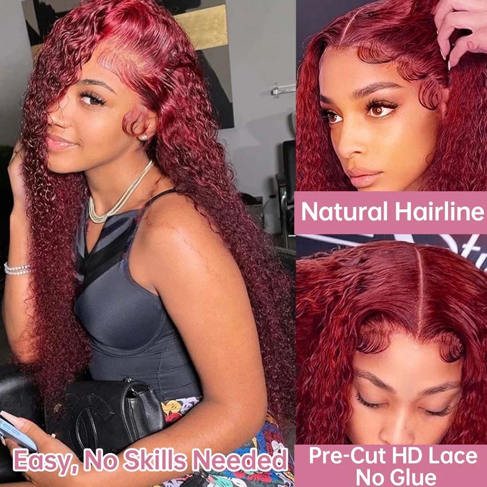 Deep Wave 13x4 Glueless Lace Front Wig 99J Burgundy Curly 7x5 Preplucked Red Color Human Hair Wigs Ready To Wear Pre Cut No Glue