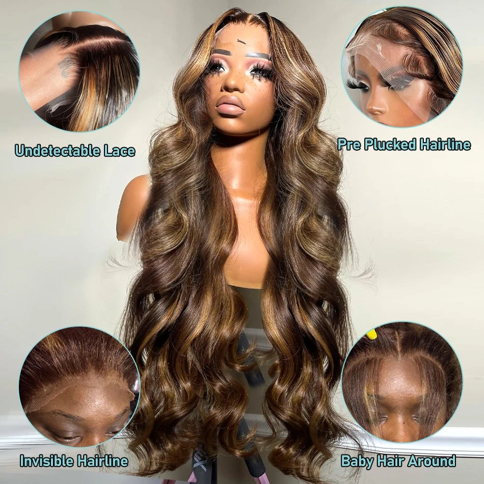 30 32 Inch 4/27 Highlight Body Wave 13x4 Human Hair Lace Frontal Wigs 250 Density Colored Ombre 13x6 Lace Front Wig For Women 30 32 Inch 4/27 Highlight Body Wave 13x4 Human Hair Lace Frontal Wigs 250 Density Colored Ombre 13x6 Lace Front Wig For Women
