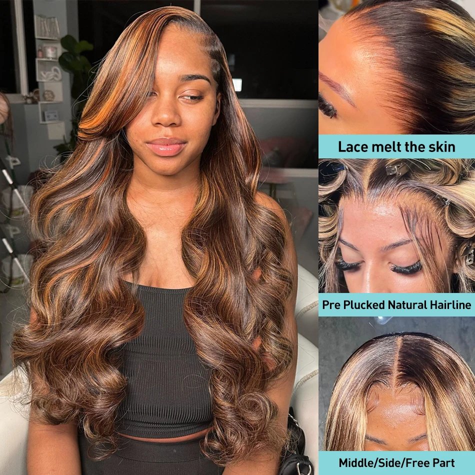 30 32 Inch 4/27 Highlight Body Wave 13x4 Human Hair Lace Frontal Wigs 250 Density Colored Ombre 13x6 Lace Front Wig For Women 30 32 Inch 4/27 Highlight Body Wave 13x4 Human Hair Lace Frontal Wigs 250 Density Colored Ombre 13x6 Lace Front Wig For Women