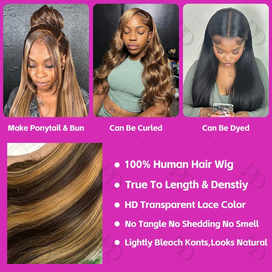 30 36Inch Bone Straight Ombre HD Colored 13x4 Lace Front Wig Brazilian 4/27 13x6 Highlight Human Hair Lace Frontal Wig For Women