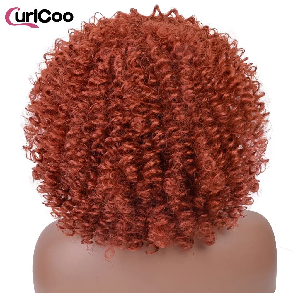 Short Afro Kinky Curly Wigs With Bangs For Black Women Synthetic Ombre Natural Heat Resistant Hair Brown Cosplay Highlight Wigs