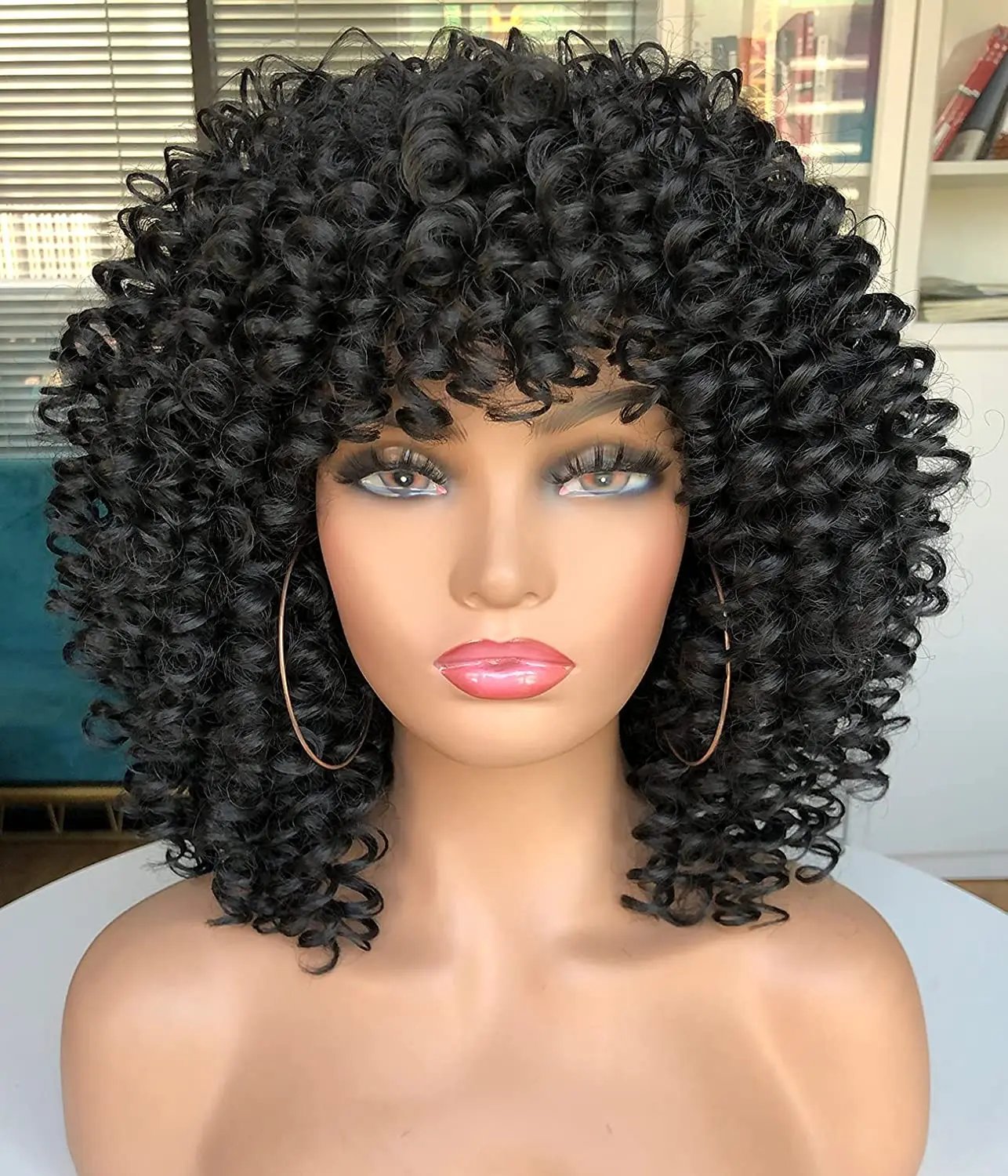 Short Afro Kinky Curly Wigs With Bangs For Black Women Synthetic Ombre Natural Heat Resistant Hair Brown Cosplay Highlight Wigs