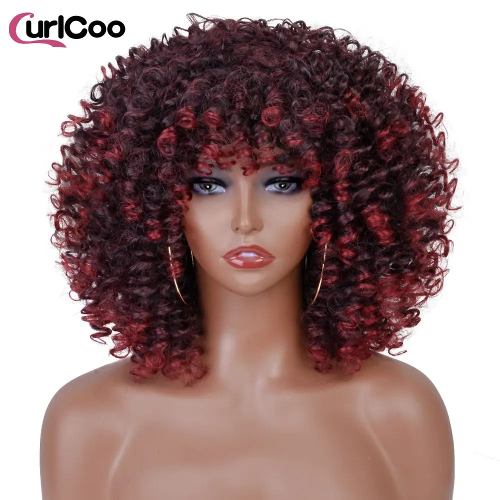 Short Afro Kinky Curly Wigs With Bangs For Black Women Synthetic Ombre Natural Heat Resistant Hair Brown Cosplay Highlight Wigs