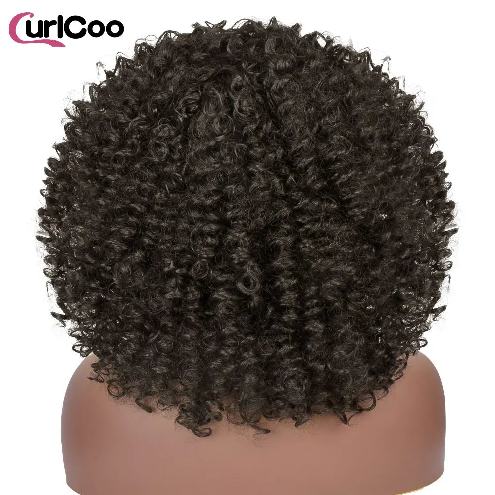 Short Afro Kinky Curly Wigs With Bangs For Black Women Synthetic Ombre Natural Heat Resistant Hair Brown Cosplay Highlight Wigs