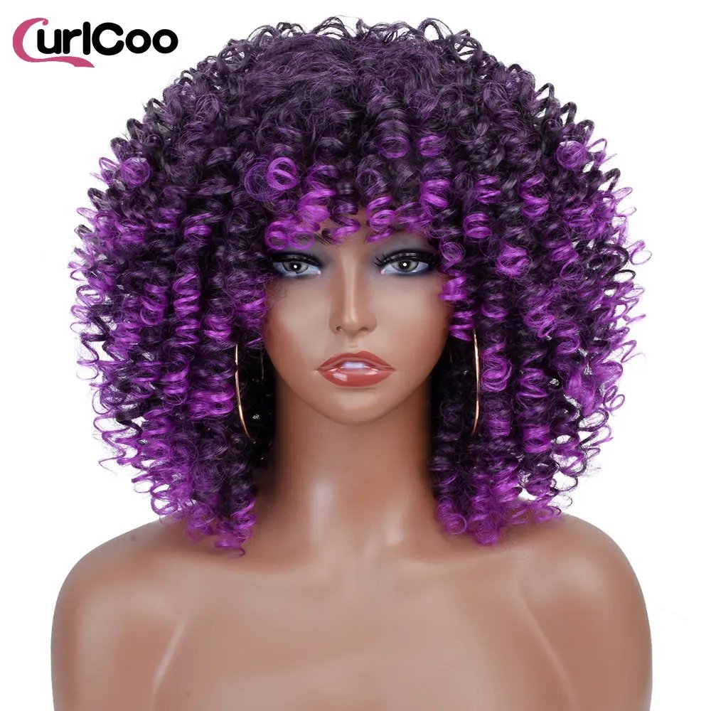 Short Afro Kinky Curly Wigs With Bangs For Black Women Synthetic Ombre Natural Heat Resistant Hair Brown Cosplay Highlight Wigs