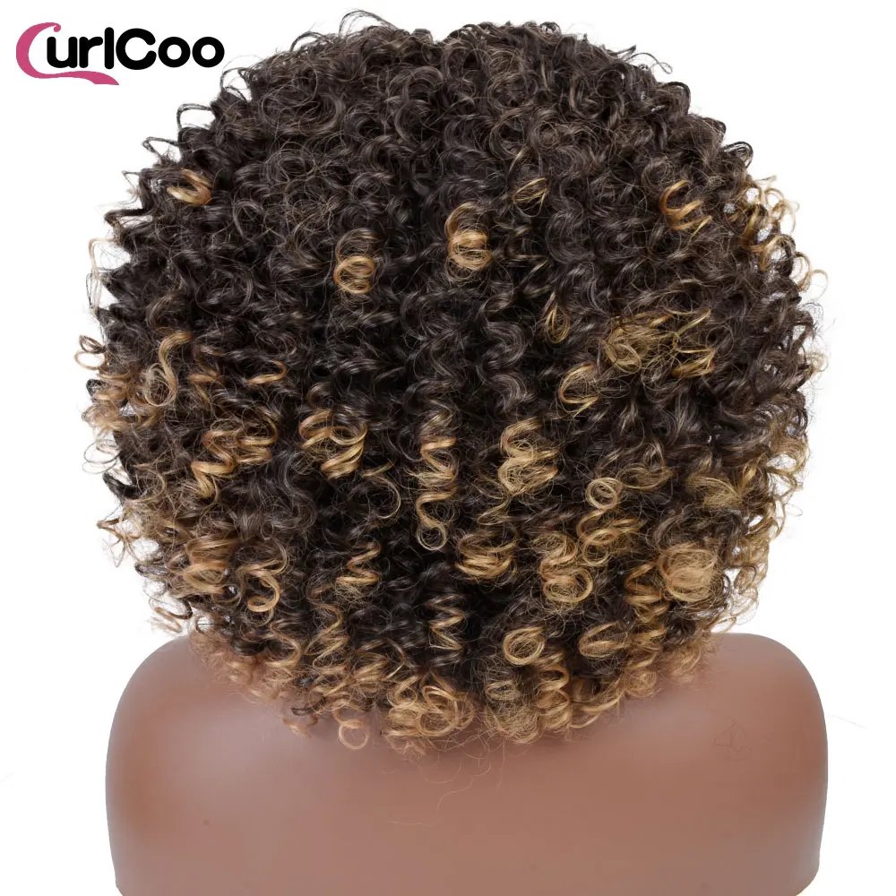 Short Afro Kinky Curly Wigs With Bangs For Black Women Synthetic Ombre Natural Heat Resistant Hair Brown Cosplay Highlight Wigs