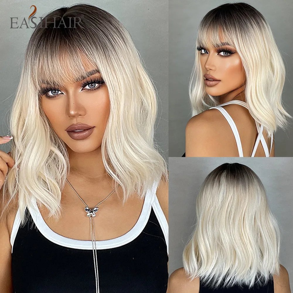 EASIHAIR Ombre Blonde Short Wavy Cosplay Lolita Wigs with Bangs Light Platinum Bob Synthetic Hair Wigs for Women Heat Resistant