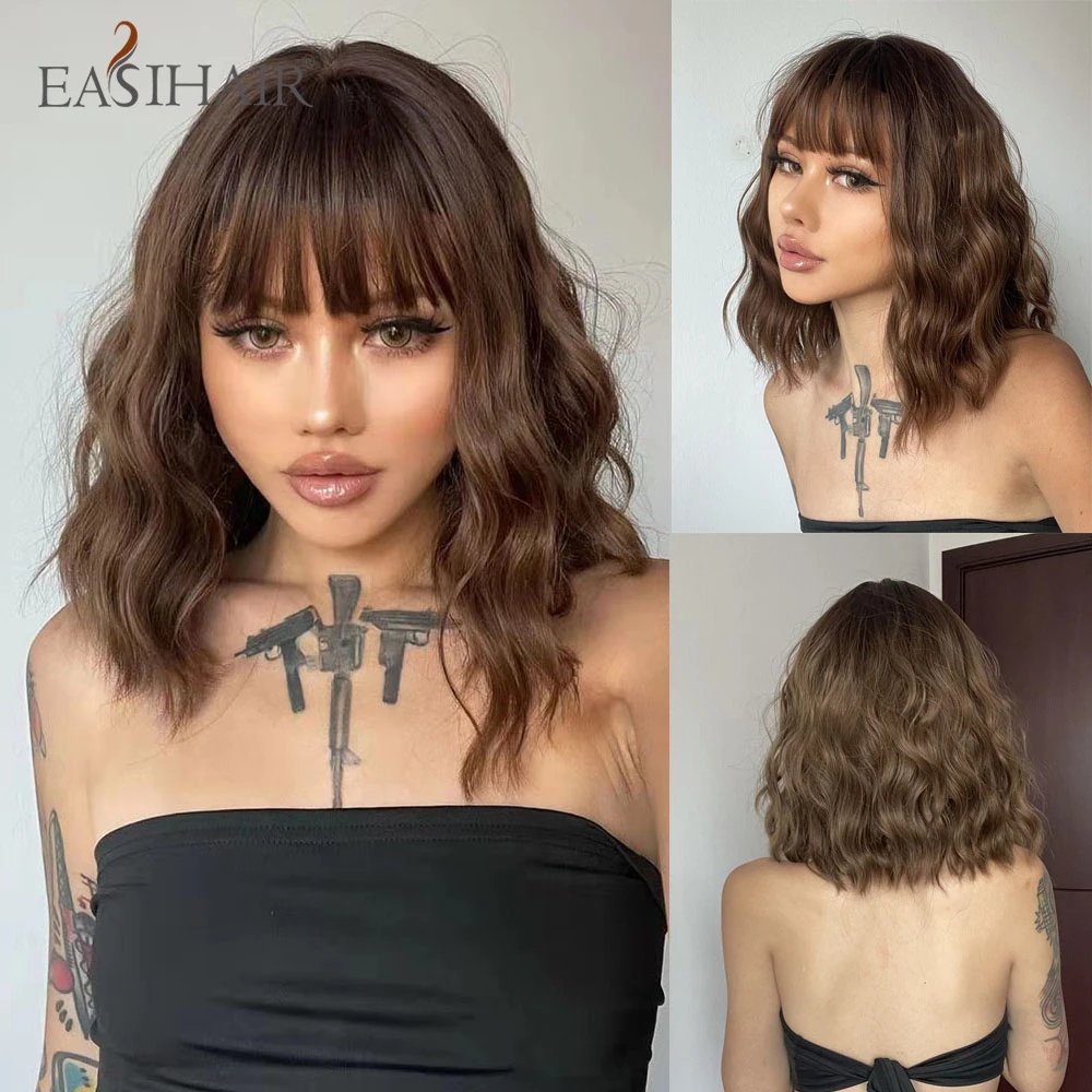 EASIHAIR Ombre Blonde Short Wavy Cosplay Lolita Wigs with Bangs Light Platinum Bob Synthetic Hair Wigs for Women Heat Resistant